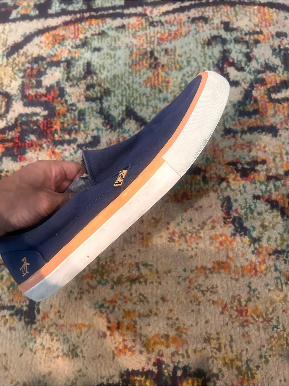 Original Penguin Navy Slip-On Canvas Loafers with Orange Trim